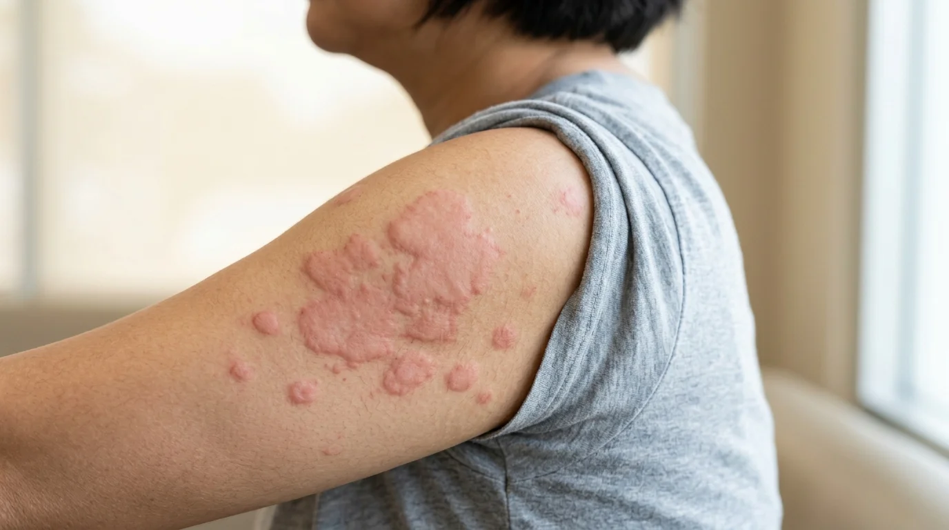 Hombro y brazo con habones de urticaria confluentes en la piel